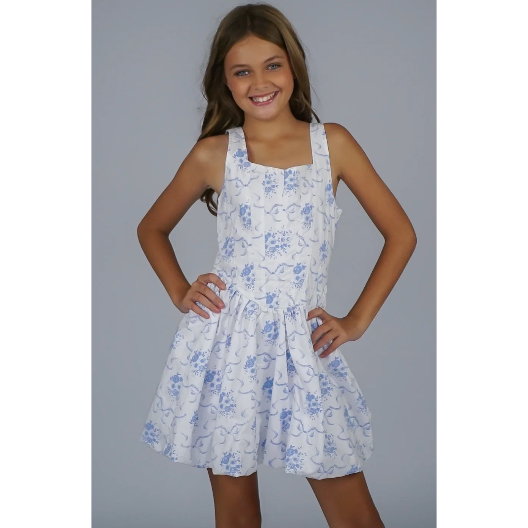 popplin corset bubble dress | white/blue