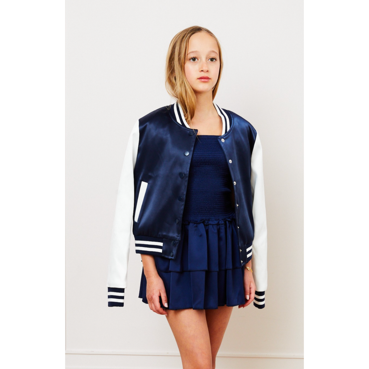 valley satin varsity jacket | navy &amp; white