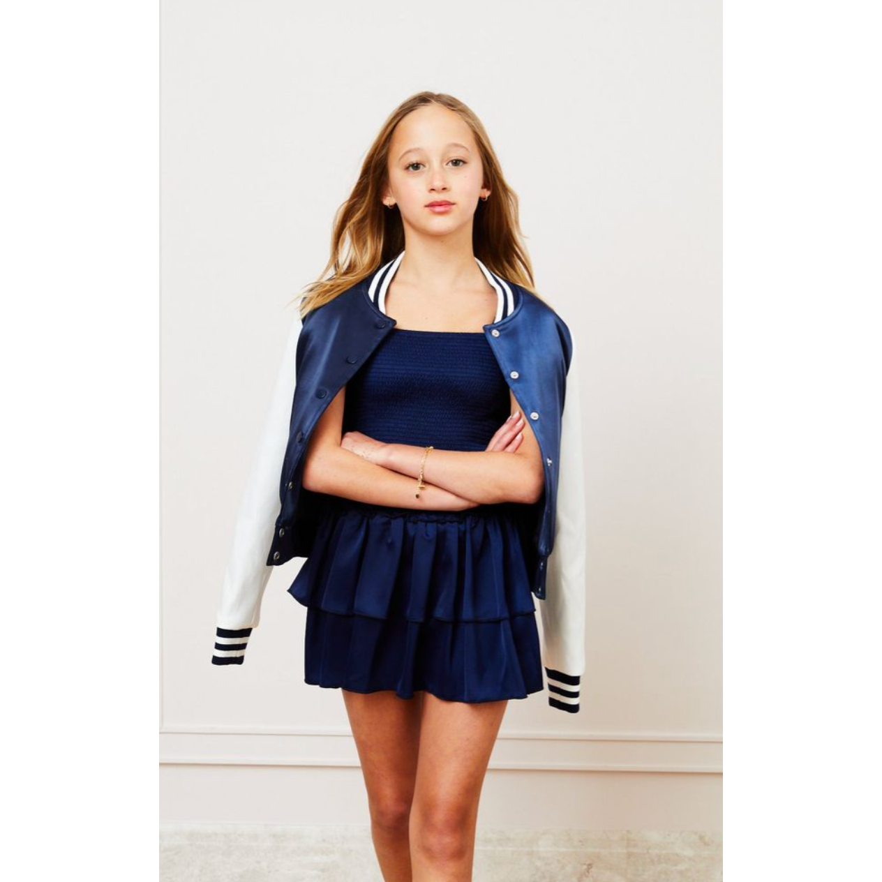 valley satin varsity jacket | navy & white