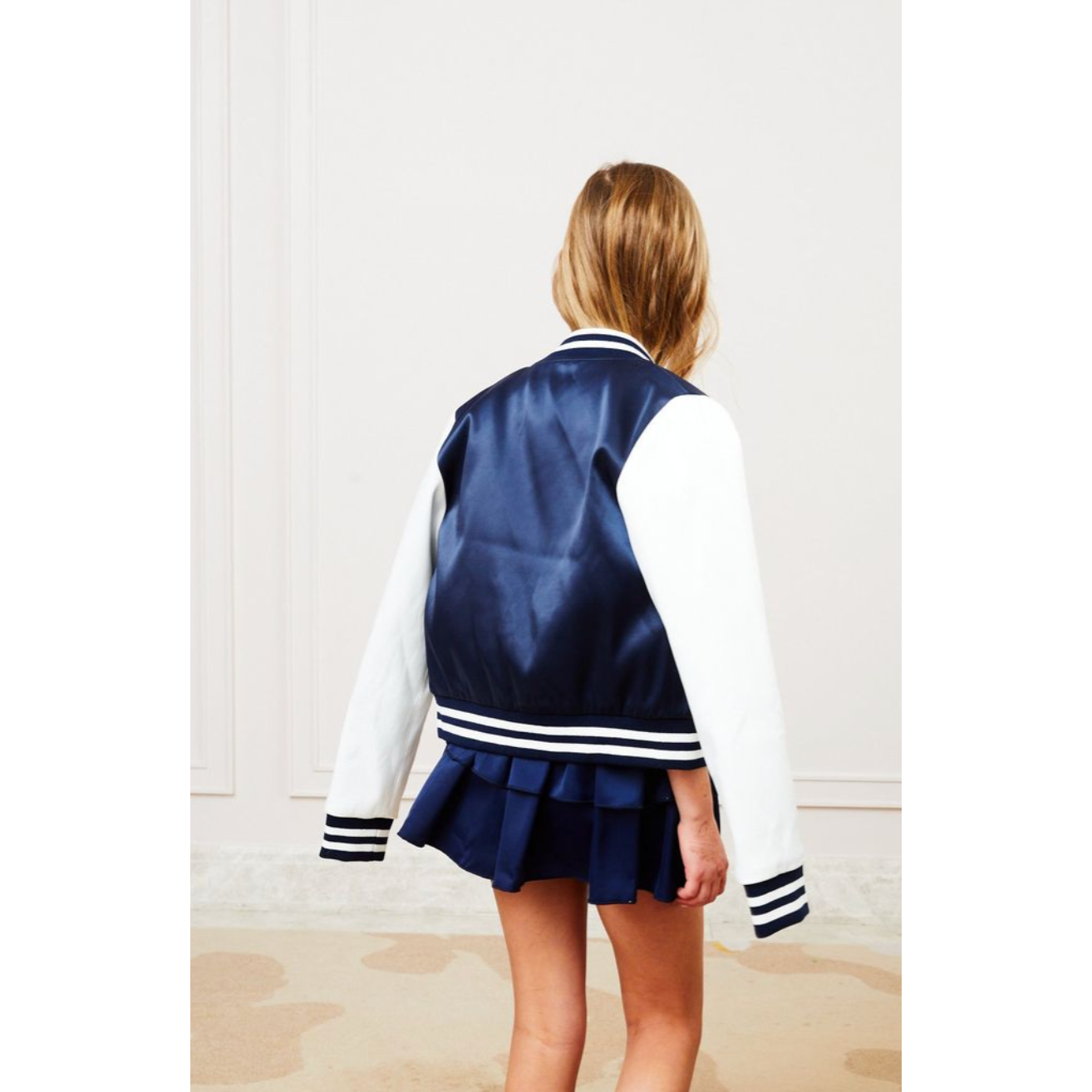 valley satin varsity jacket | navy & white