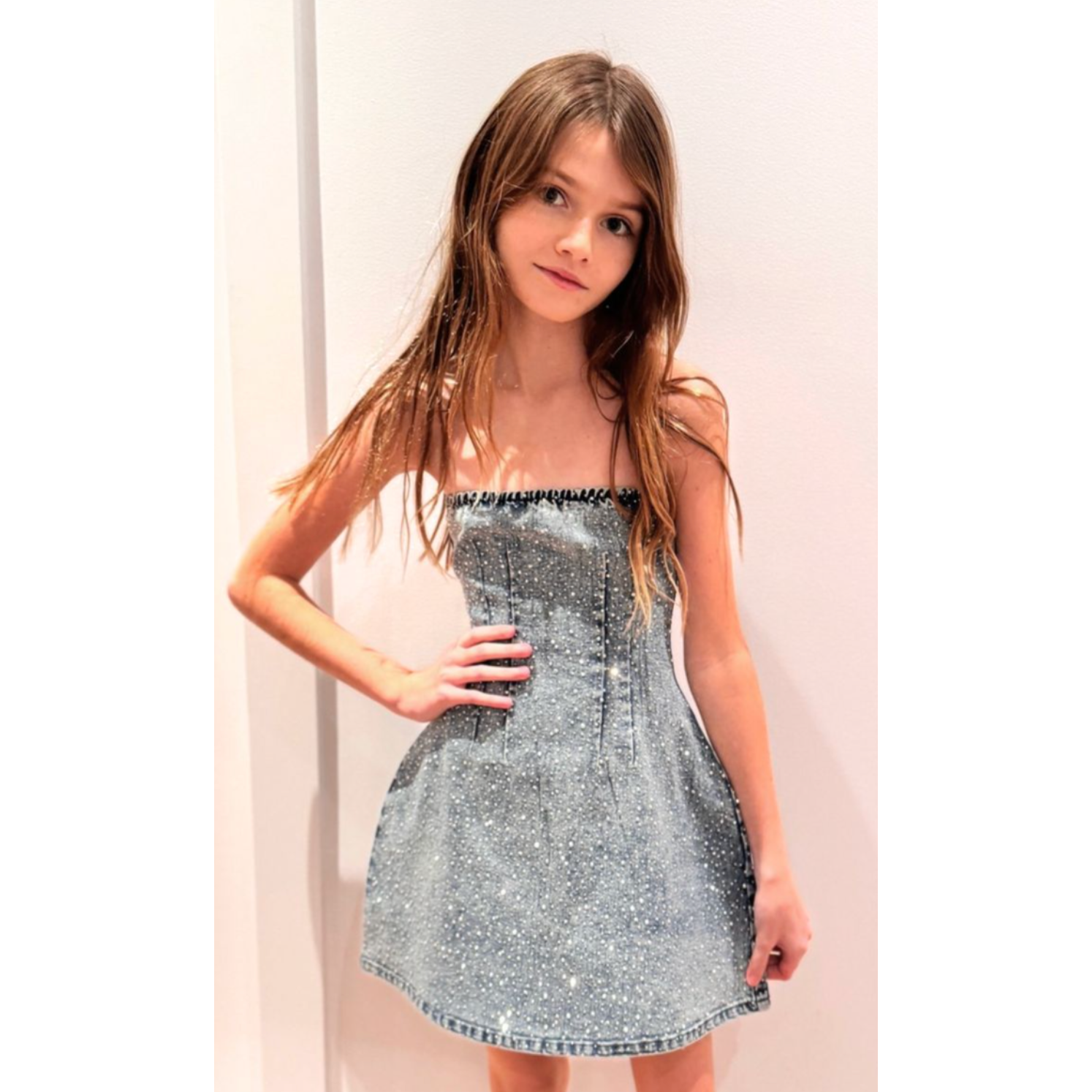 demi denim studded crystal strapless dress