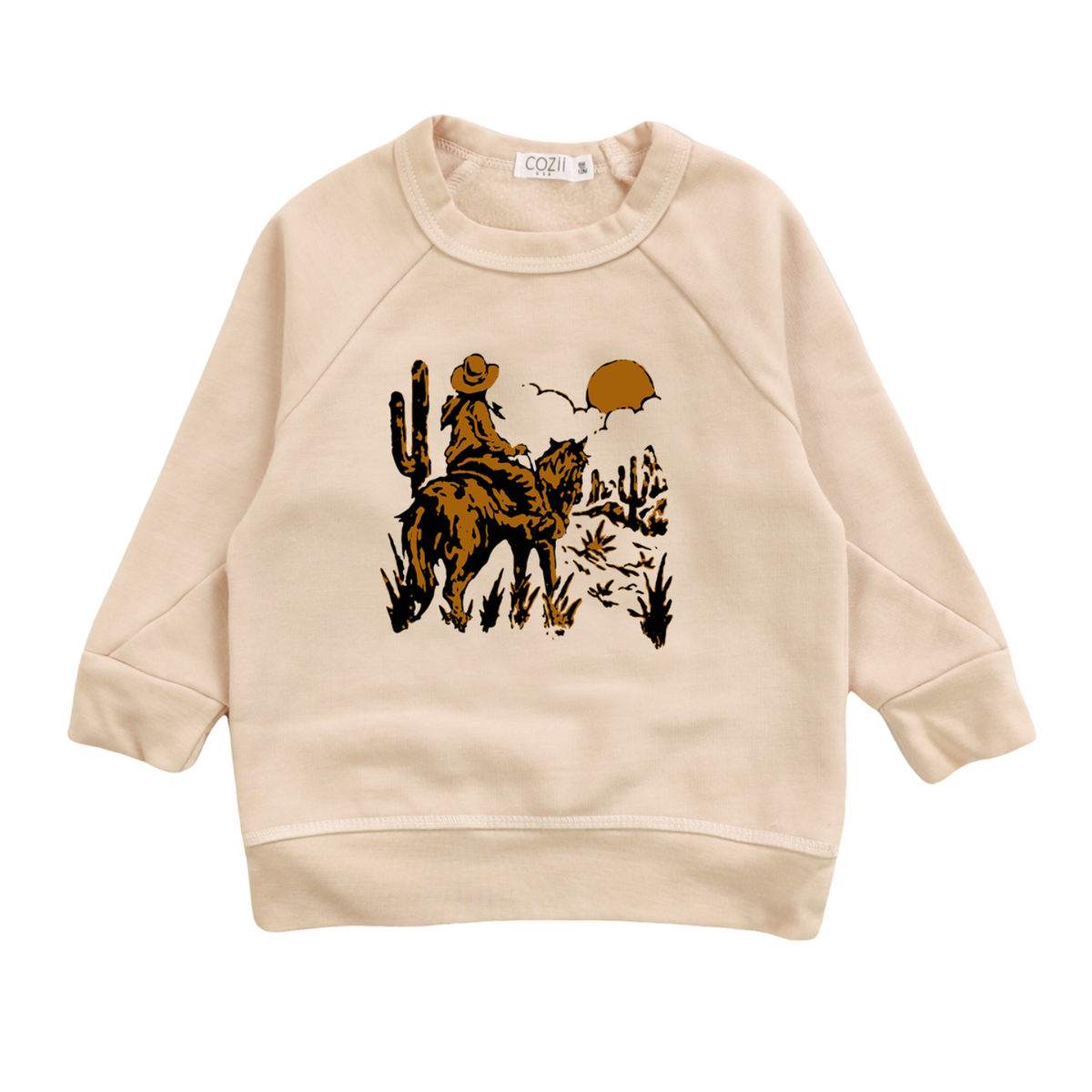 long sleeve contrast crew cowboy sweatshirt | ivory