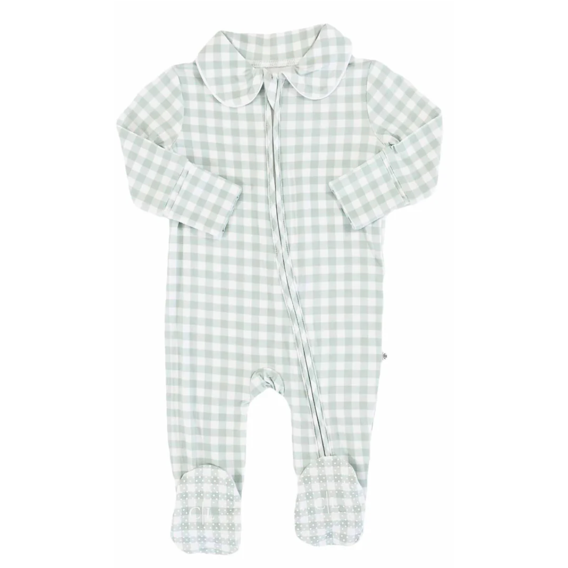 green gingham zip footie