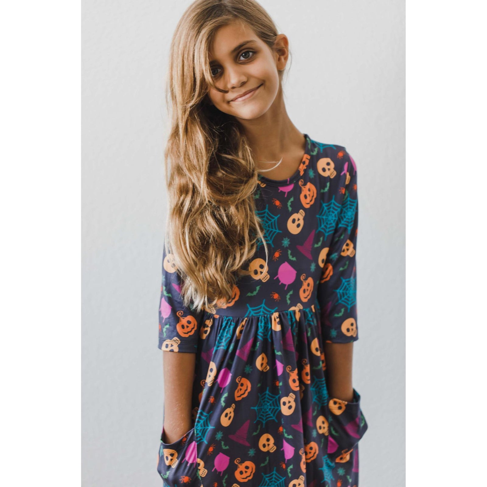 Skeleton Web 3/4 Sleeve Pocket Twirl Dress