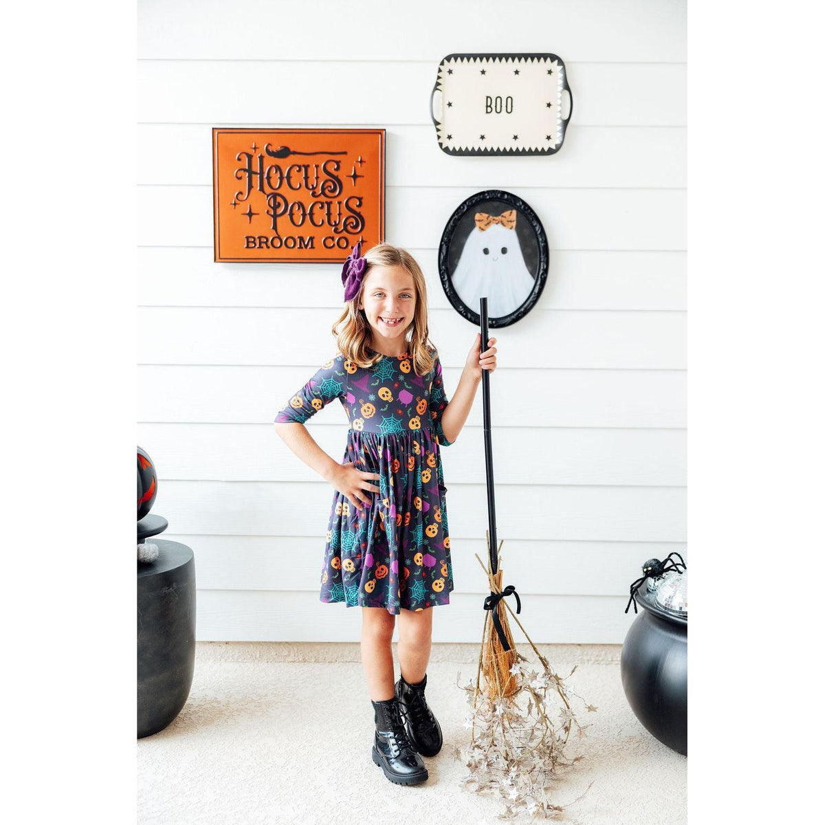 Skeleton Web 3/4 Sleeve Pocket Twirl Dress