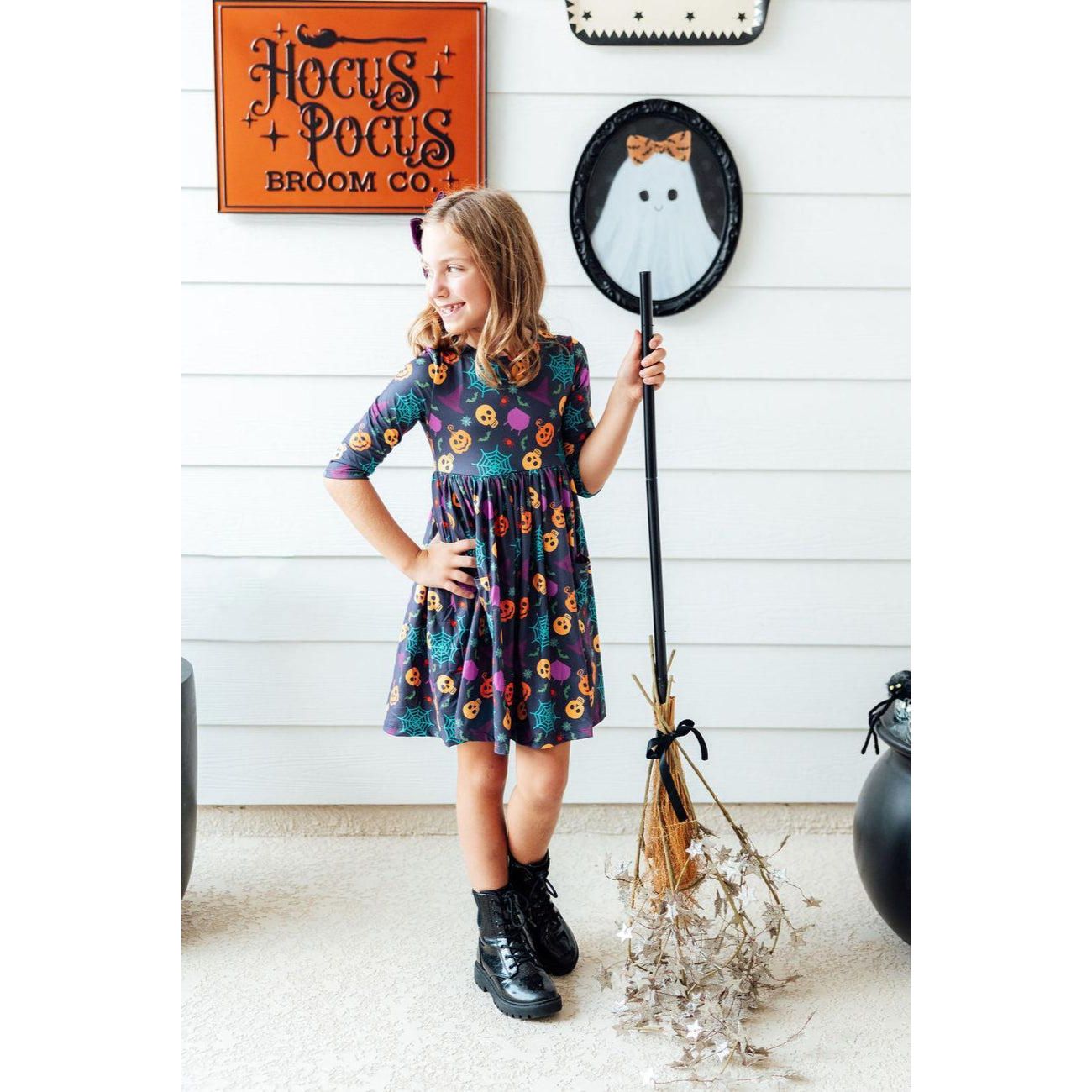 Skeleton Web 3/4 Sleeve Pocket Twirl Dress