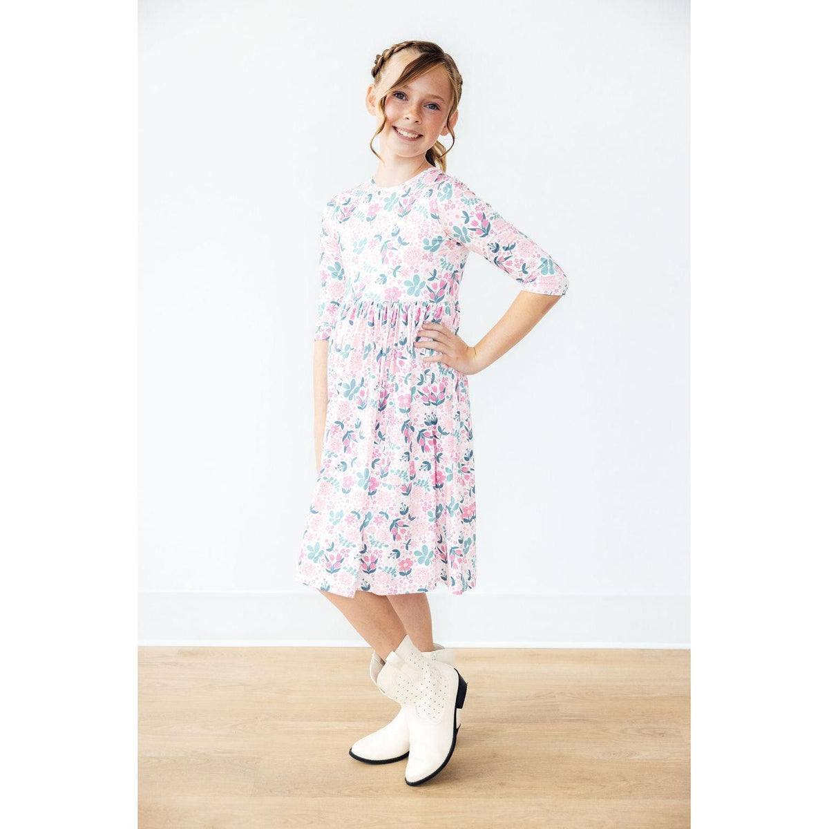 Softly Blooming 3/4 Sleeve Pocket Twirl Dress