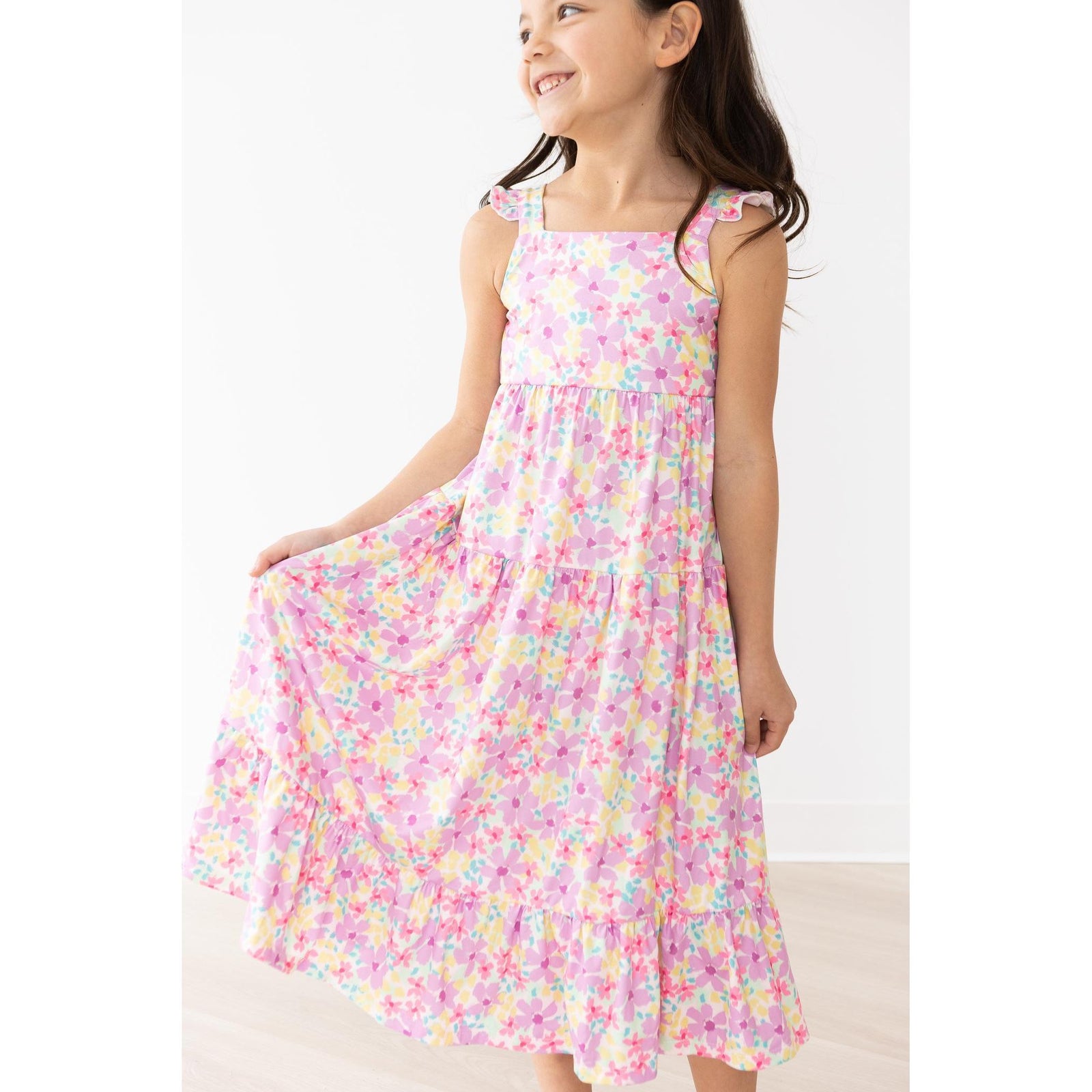 Summer Watercolor Floral Ruffle Maxi Dress