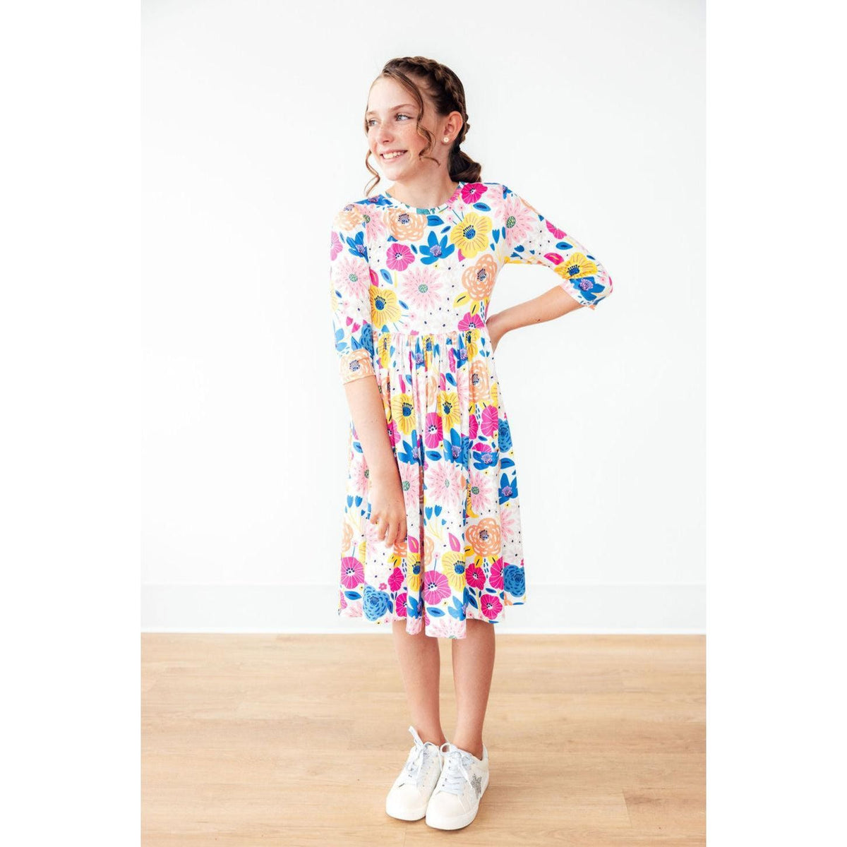 Sunshine Floral 3/4 Sleeve Pocket Twirl Dress