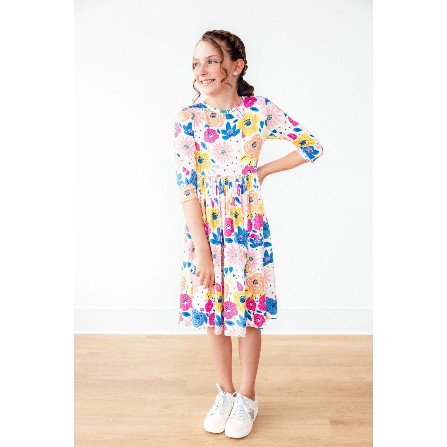 Sunshine Floral 3/4 Sleeve Pocket Twirl Dress