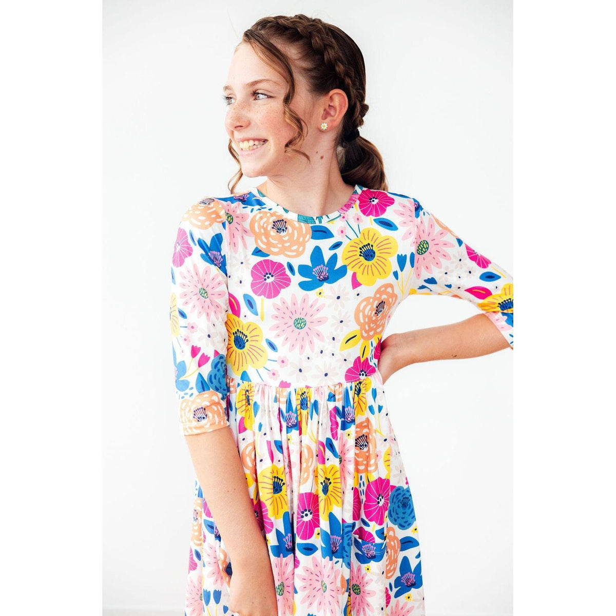 Sunshine Floral 3/4 Sleeve Pocket Twirl Dress