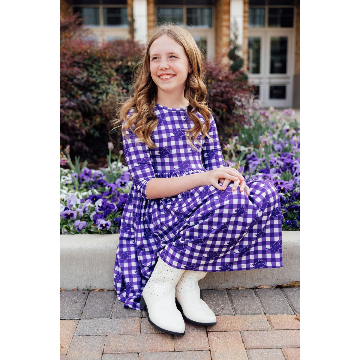 TCU Plaid Frog 3/4 Sleeve Pocket Twirl Dress