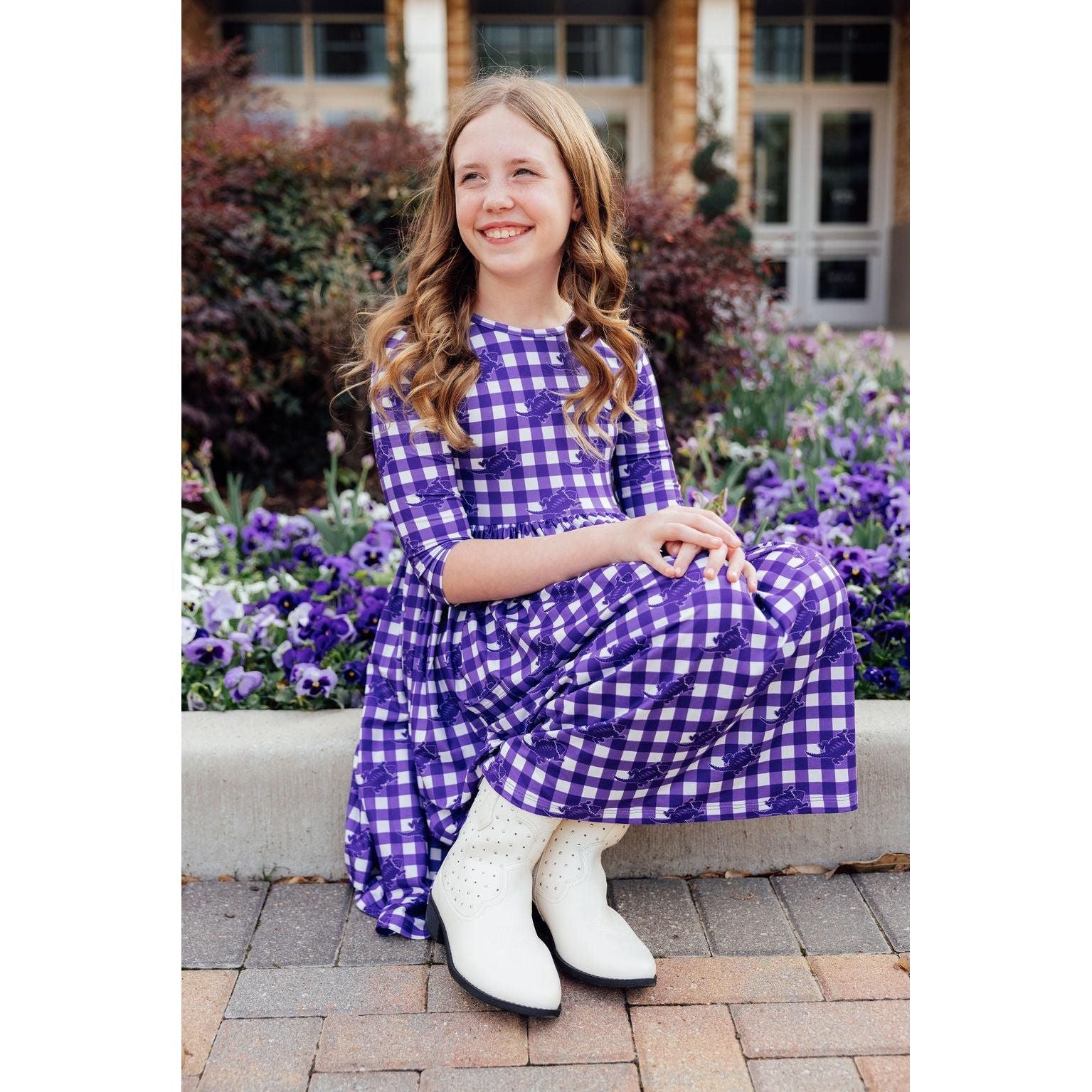 TCU Plaid Frog 3/4 Sleeve Pocket Twirl Dress