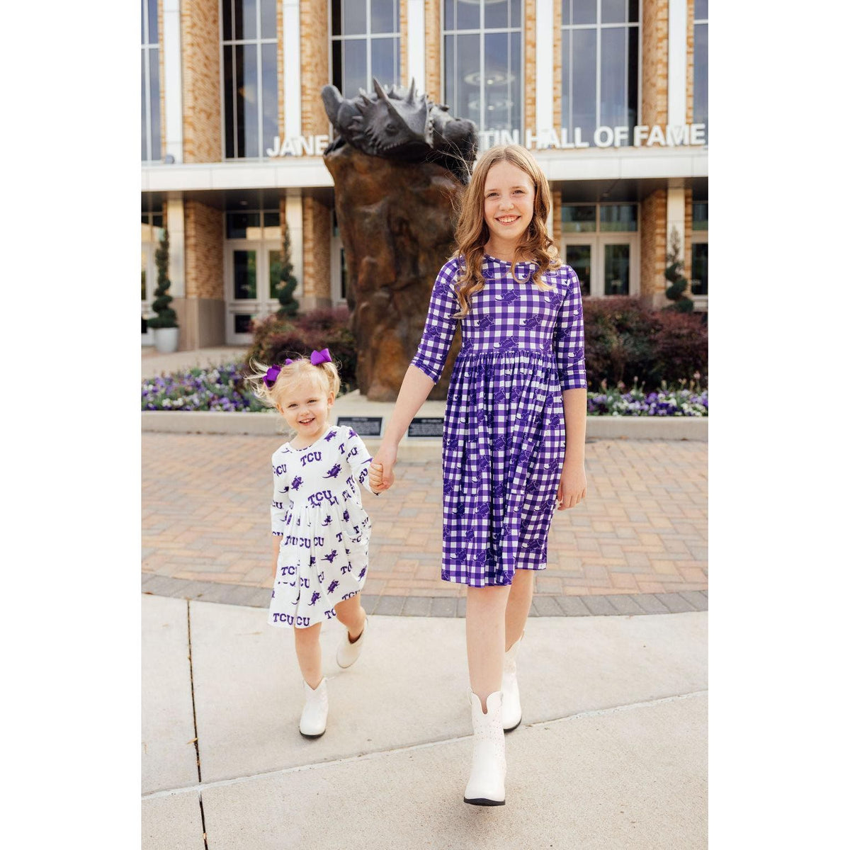 TCU Plaid Frog 3/4 Sleeve Pocket Twirl Dress