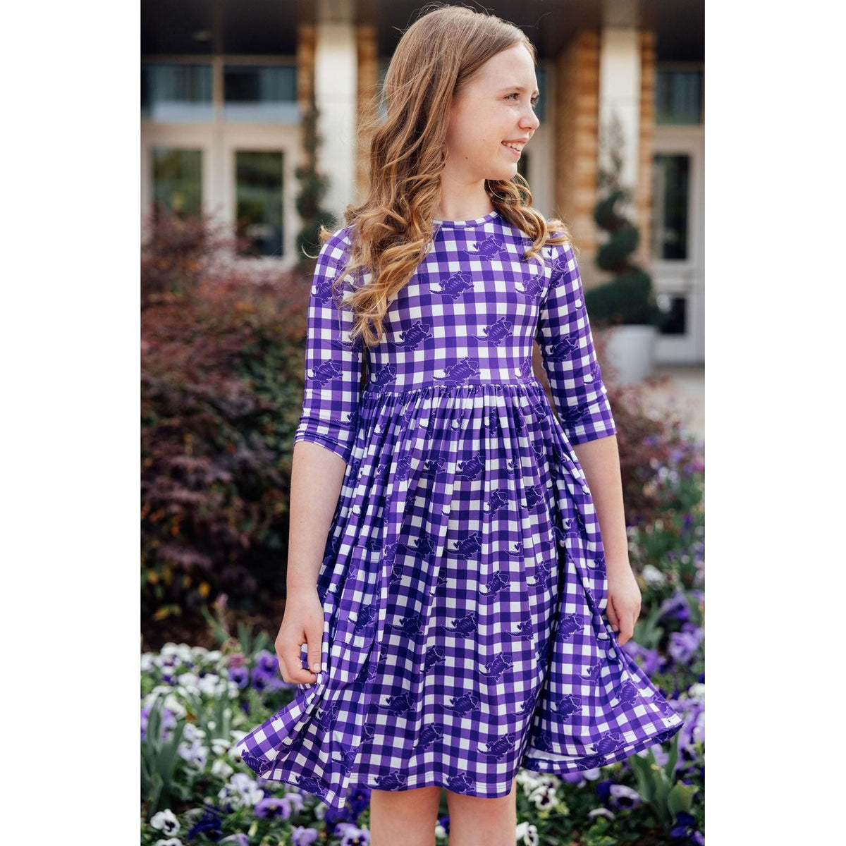TCU Plaid Frog 3/4 Sleeve Pocket Twirl Dress