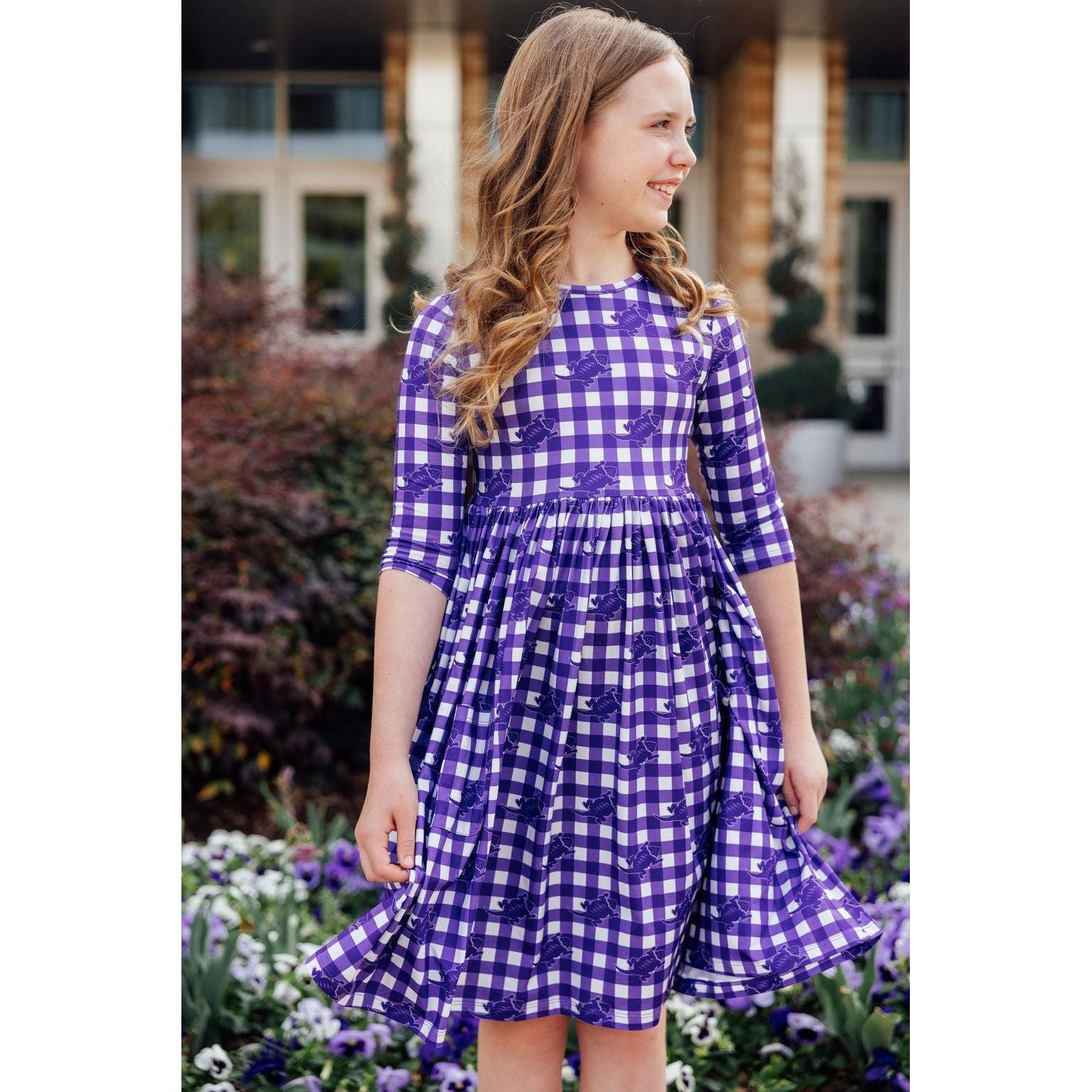 TCU Plaid Frog 3/4 Sleeve Pocket Twirl Dress