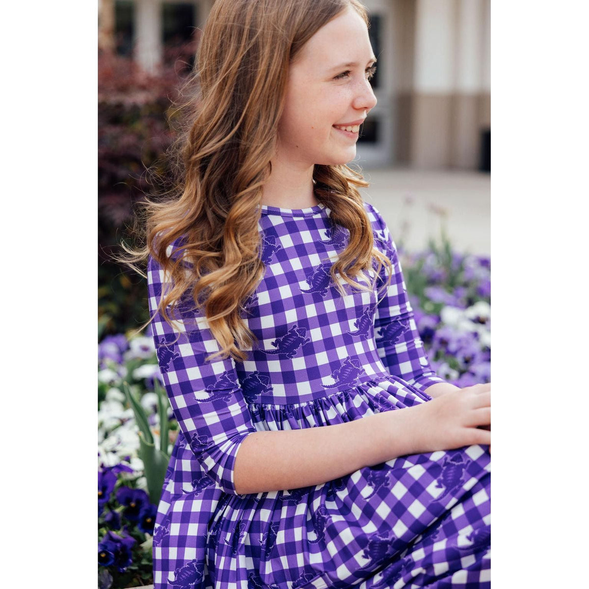TCU Plaid Frog 3/4 Sleeve Pocket Twirl Dress