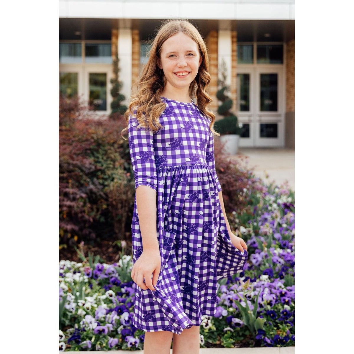TCU Plaid Frog 3/4 Sleeve Pocket Twirl Dress
