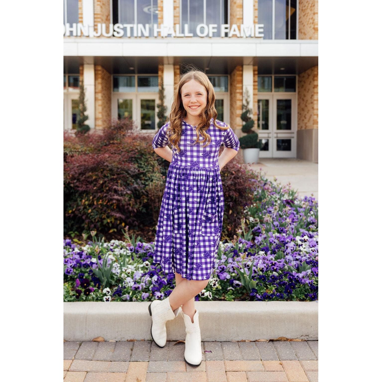 TCU Plaid Frog 3/4 Sleeve Pocket Twirl Dress