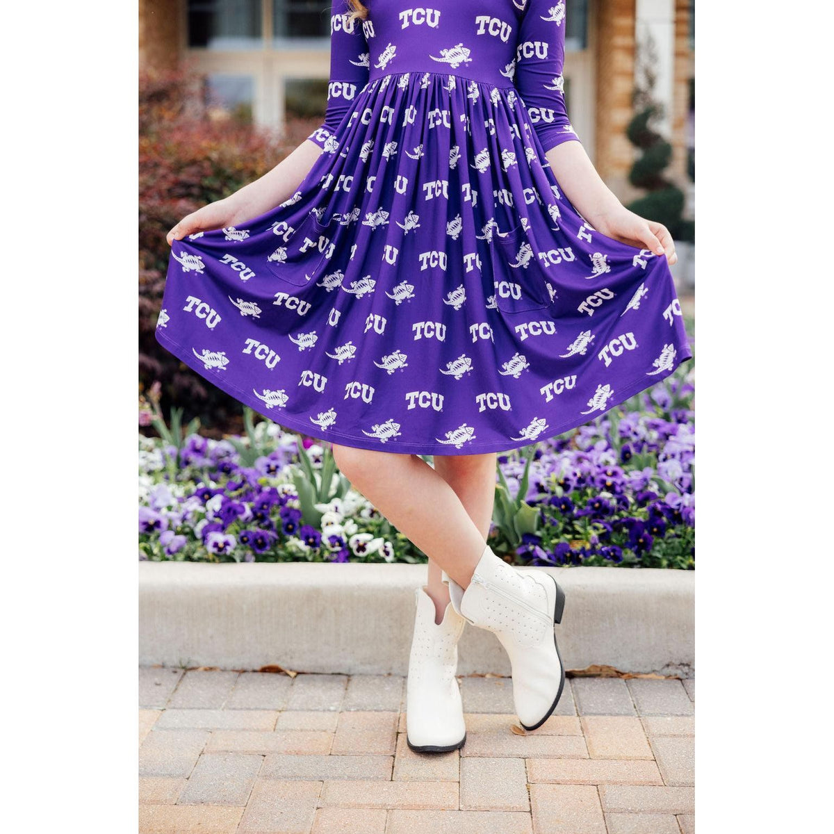 TCU Purple Frog 3/4 Sleeve Pocket Twirl Dress