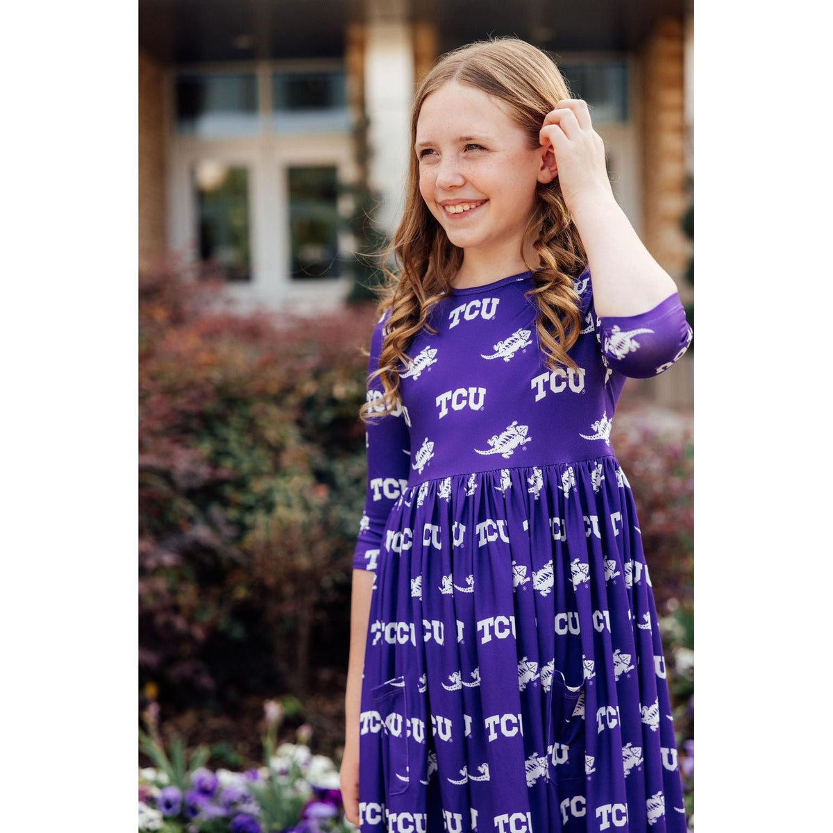 TCU Purple Frog 3/4 Sleeve Pocket Twirl Dress
