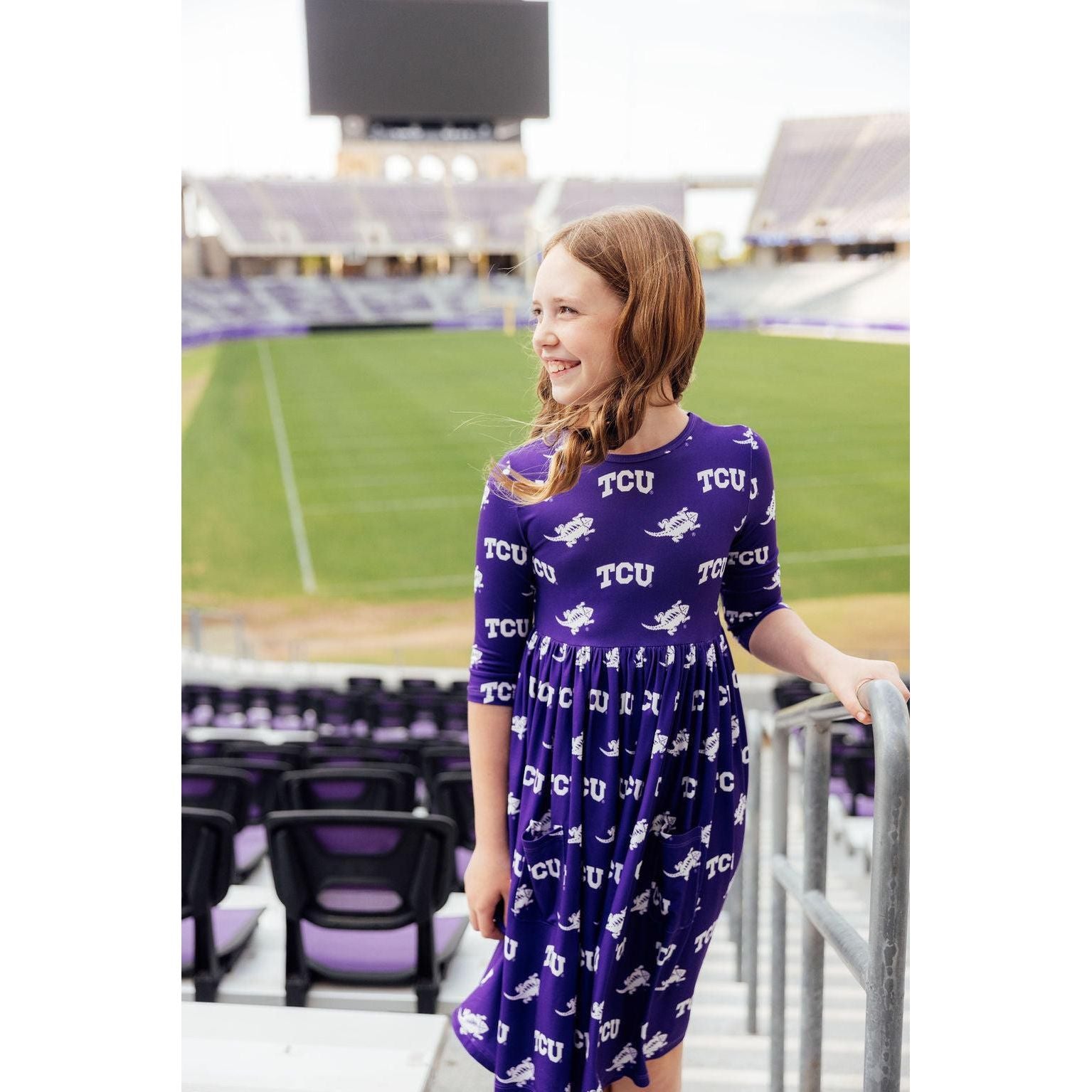 TCU Purple Frog 3/4 Sleeve Pocket Twirl Dress