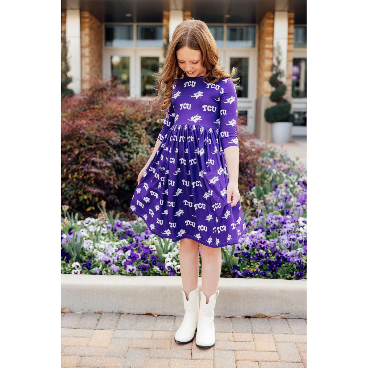 TCU Purple Frog 3/4 Sleeve Pocket Twirl Dress