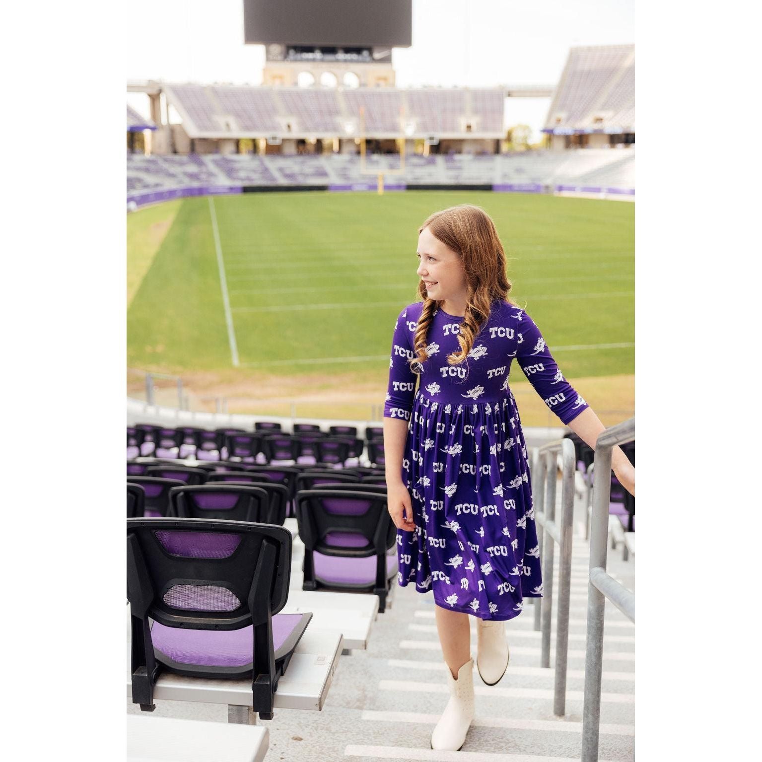 TCU Purple Frog 3/4 Sleeve Pocket Twirl Dress