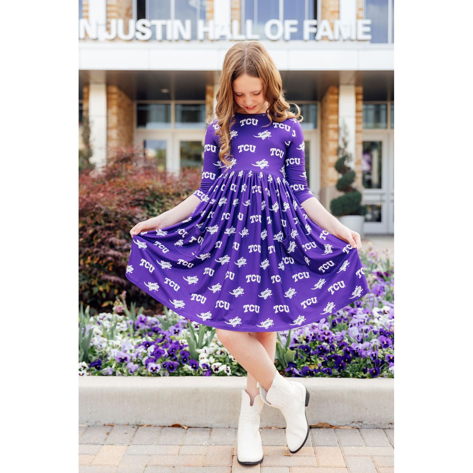 TCU Purple Frog 3/4 Sleeve Pocket Twirl Dress