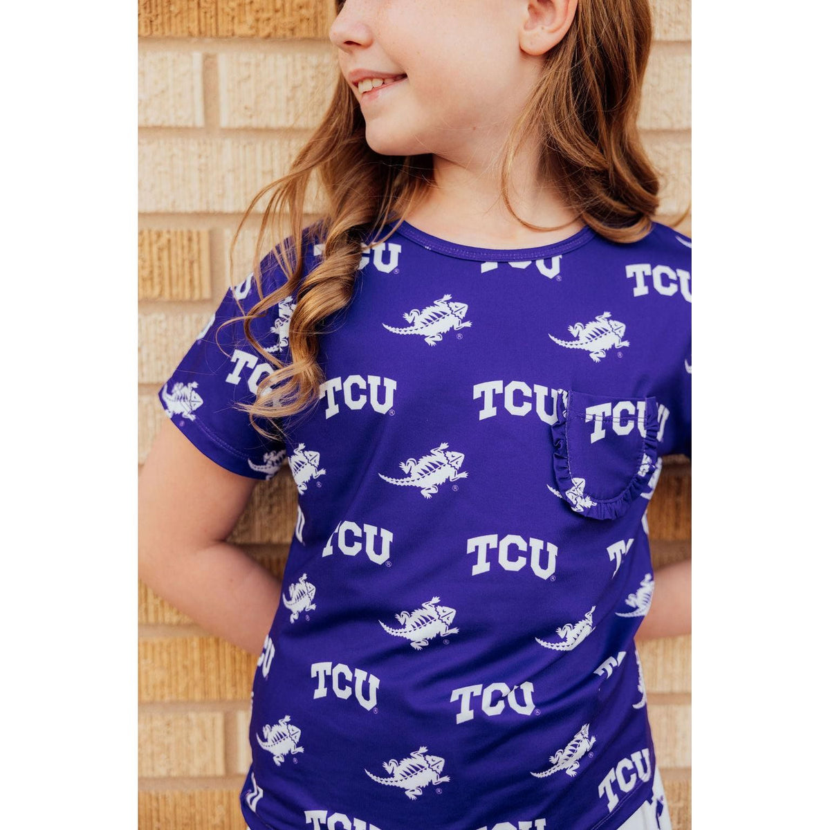 TCU Purple Frog Ruffle Pocket Tee