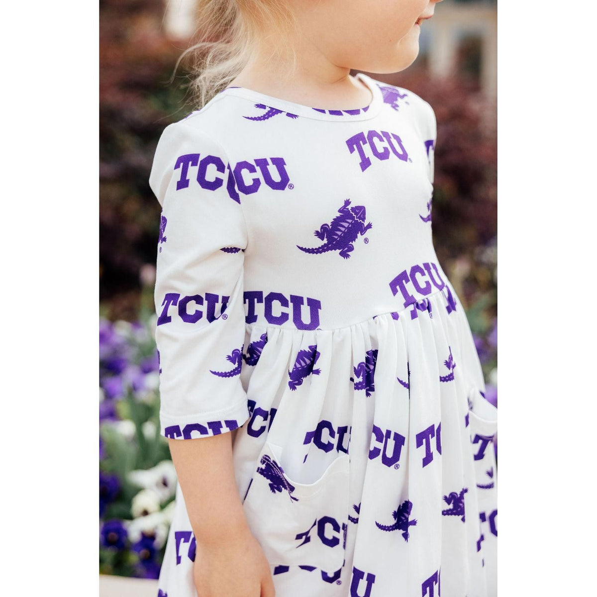 TCU White Frog 3/4 Sleeve Pocket Twirl Dress