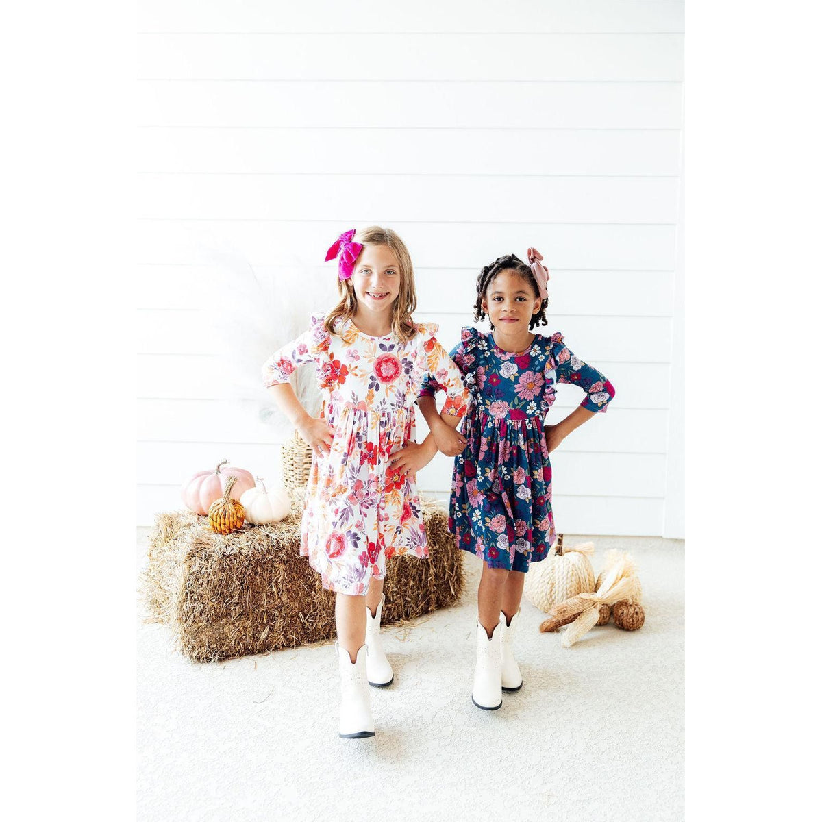 Tangerine Leaves 3/4 Sleeve Ruffle Twirl Dress