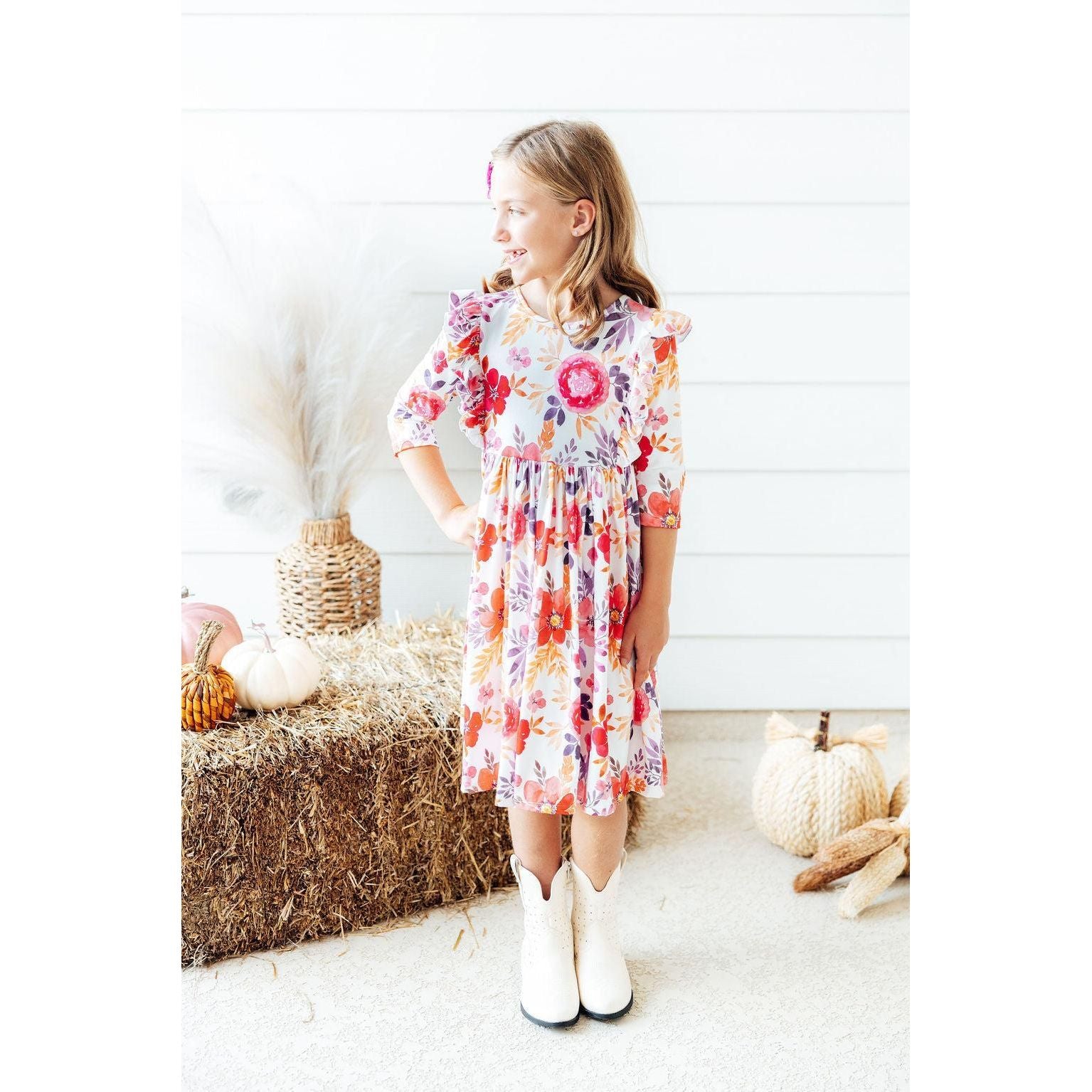 Tangerine Leaves 3/4 Sleeve Ruffle Twirl Dress