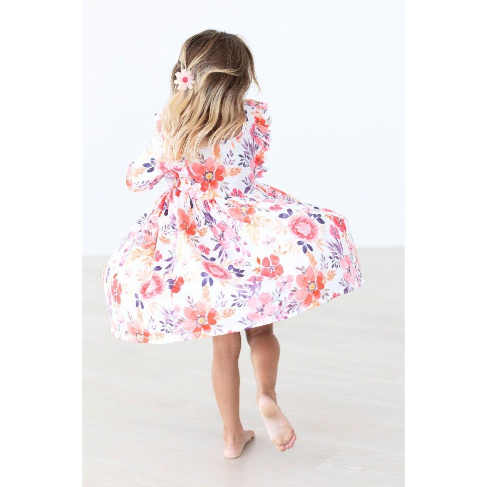 Tangerine Leaves 3/4 Sleeve Ruffle Twirl Dress