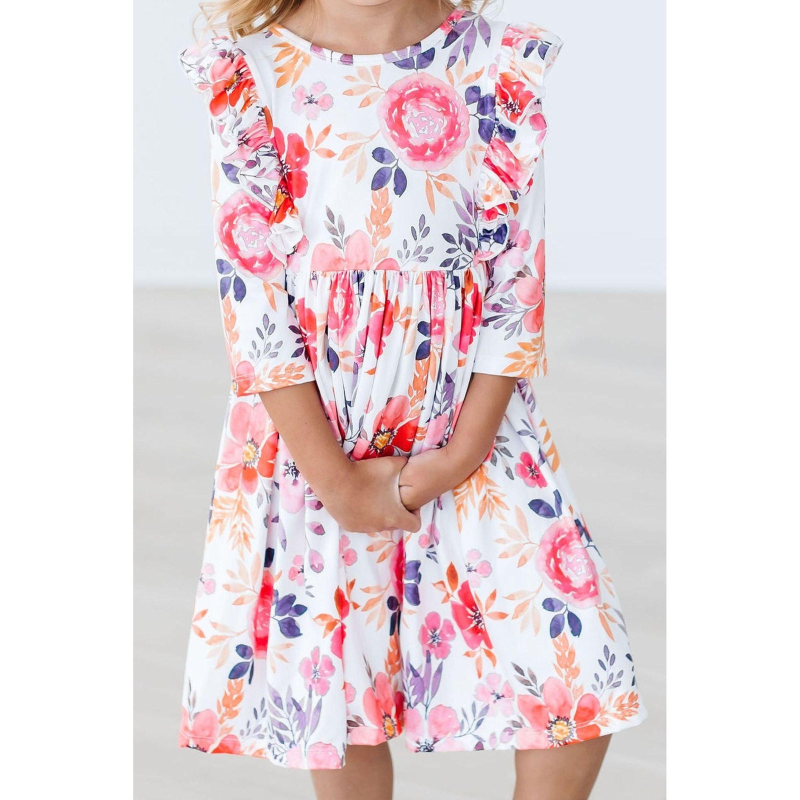 Tangerine Leaves 3/4 Sleeve Ruffle Twirl Dress