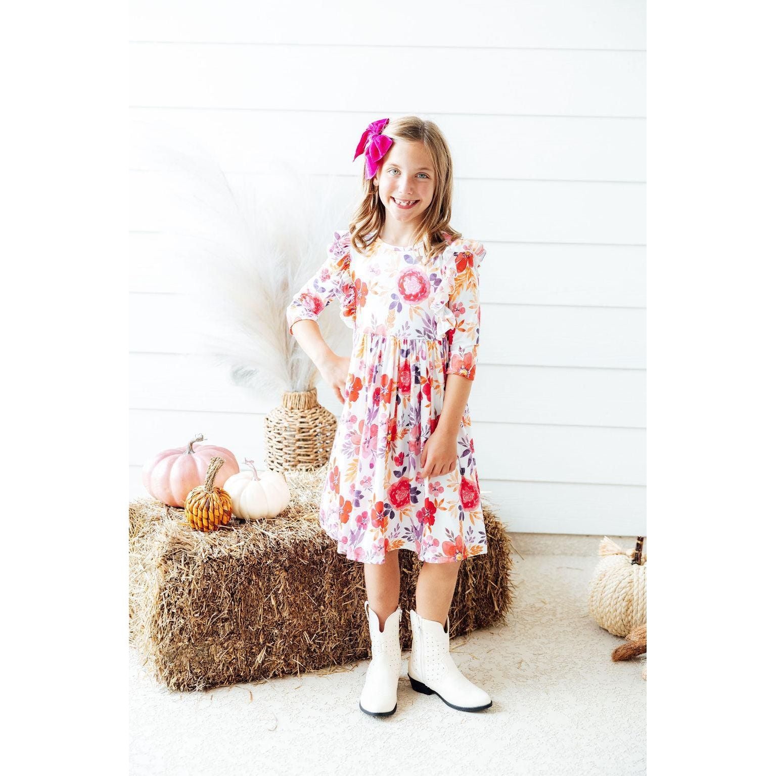 Tangerine Leaves 3/4 Sleeve Ruffle Twirl Dress