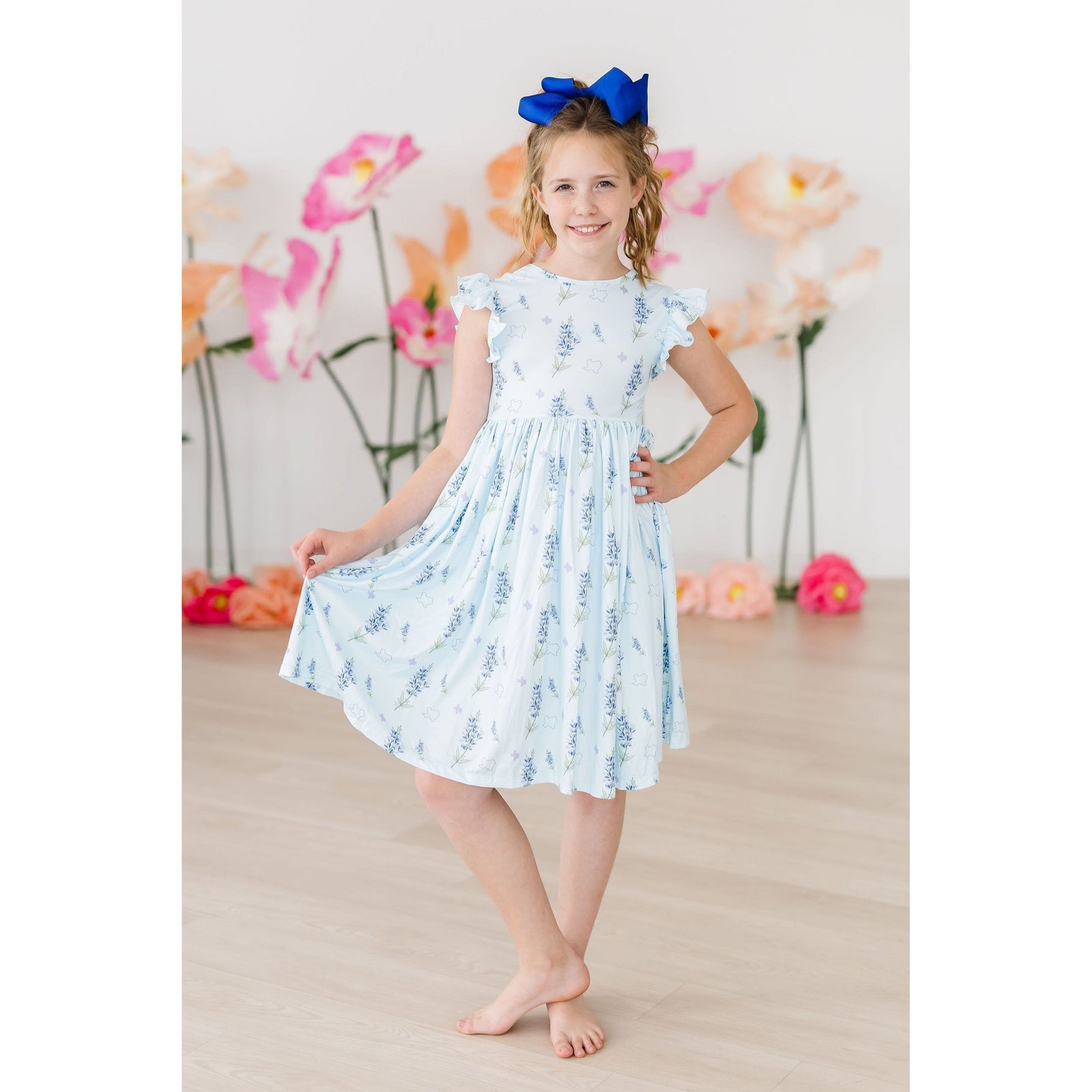 Texas Bluebonnets Flutter Sleeve Twirl Dress