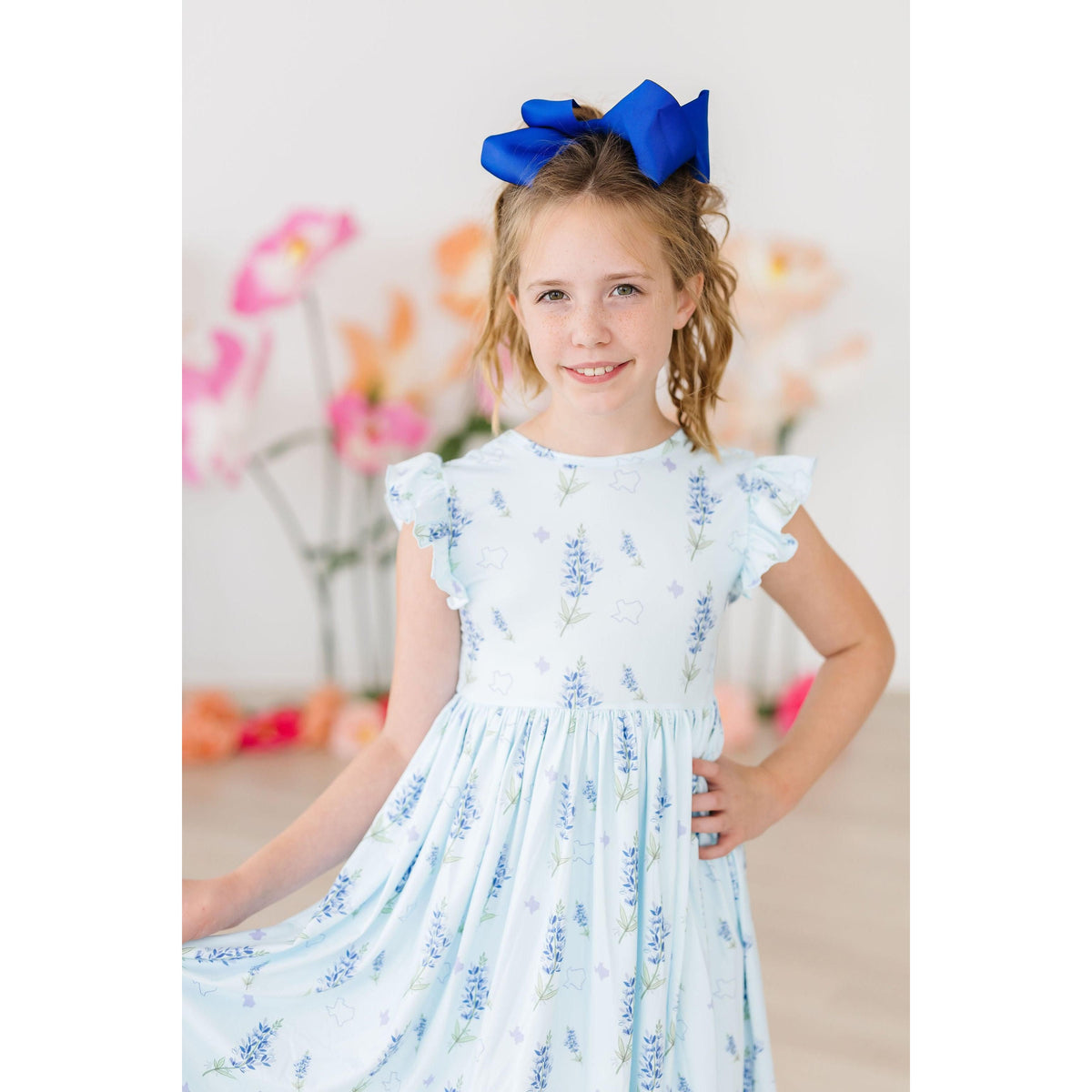 Texas Bluebonnets Flutter Sleeve Twirl Dress