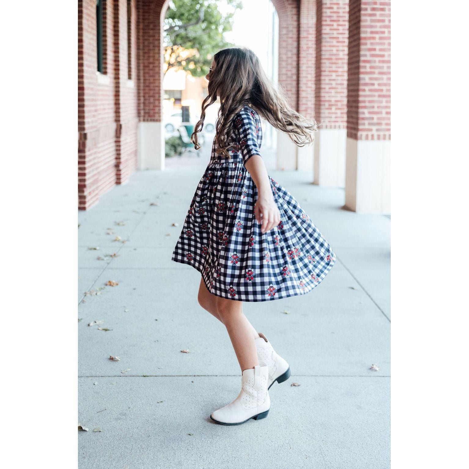 Texas Tech Plaid Raider Red 3/4 Sleeve Pocket Twirl Dress