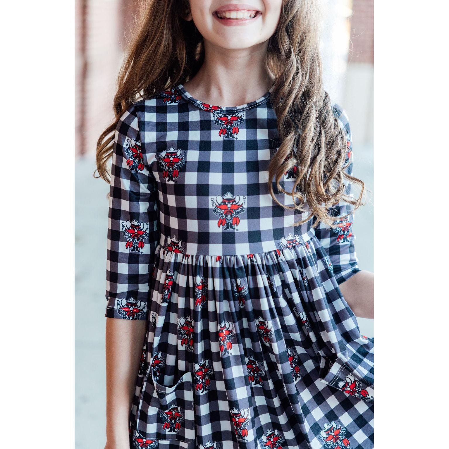 Texas Tech Plaid Raider Red 3/4 Sleeve Pocket Twirl Dress