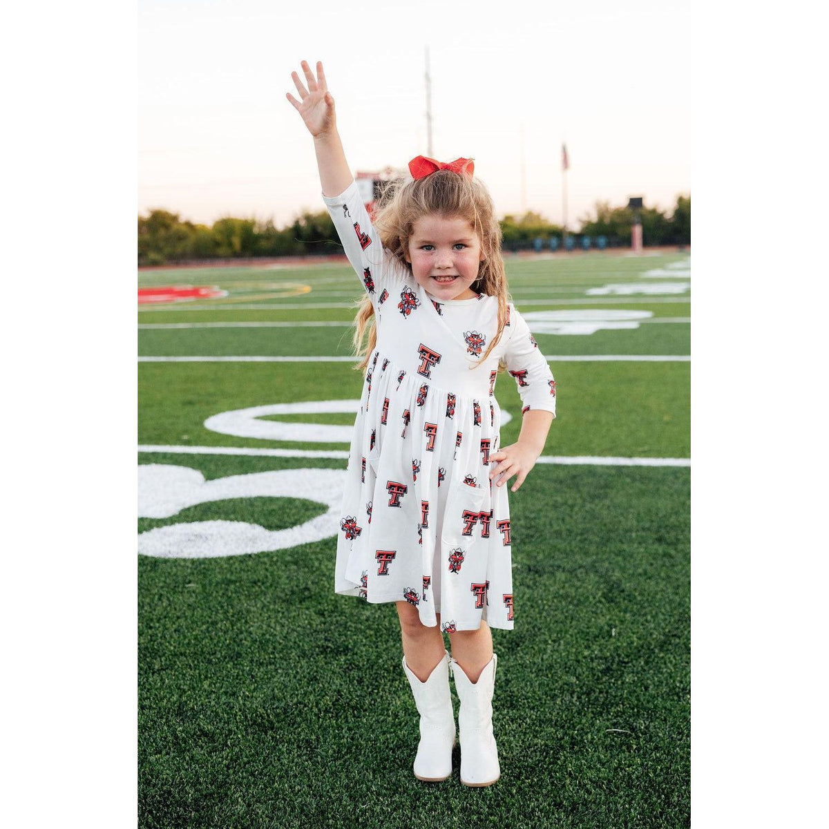 Texas Tech White Raider Red 3/4 Sleeve Pocket Twirl Dress