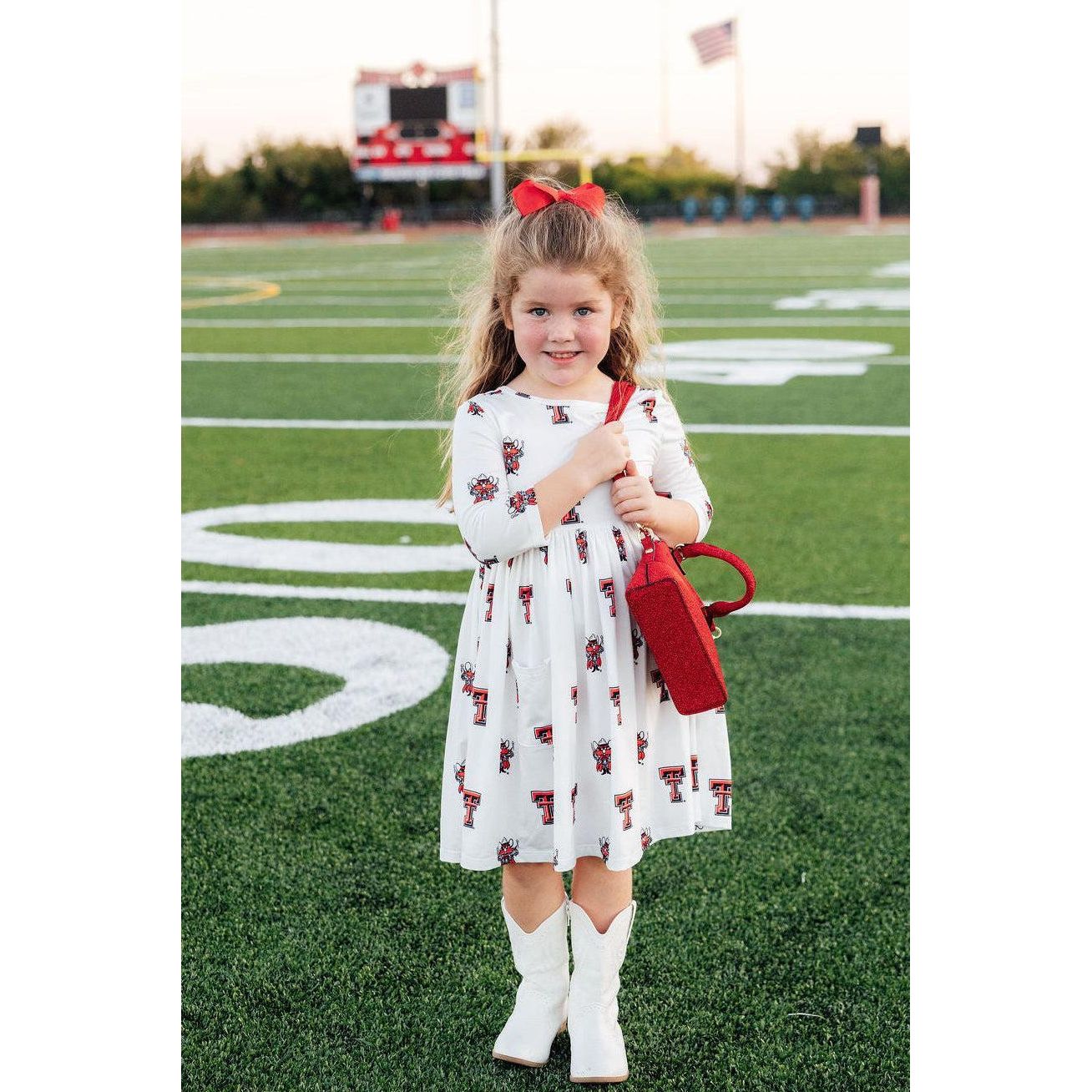 Texas Tech White Raider Red 3/4 Sleeve Pocket Twirl Dress