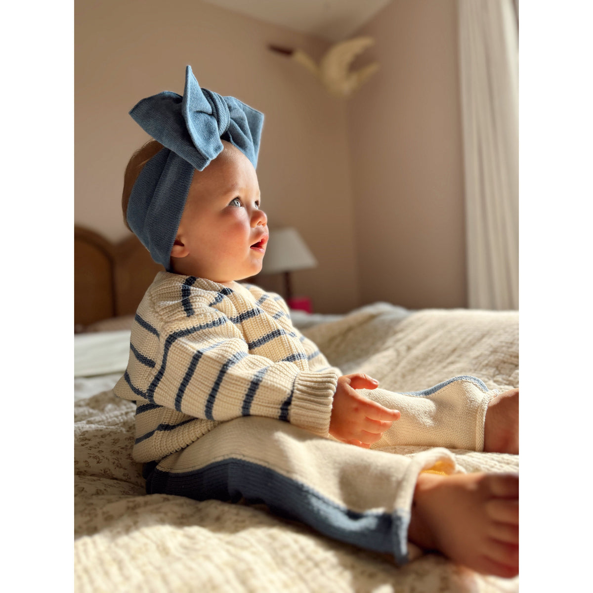 Knit Striped Pants  - Cream & Denim Blue