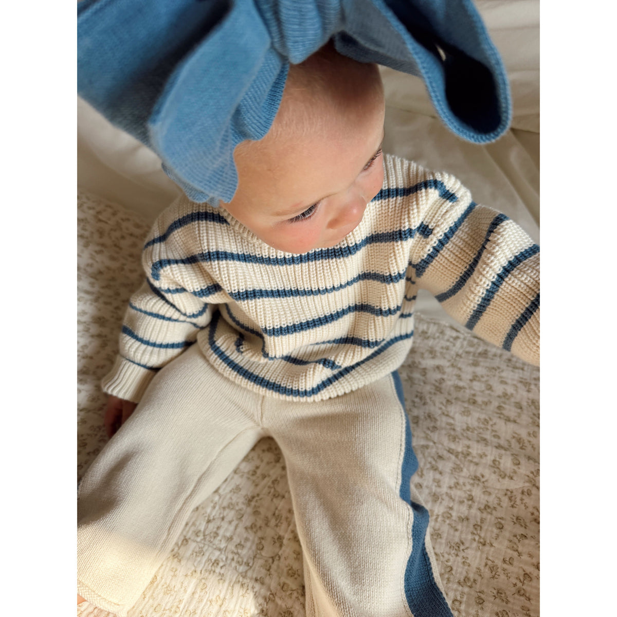 Knit Striped Pants  - Cream & Denim Blue