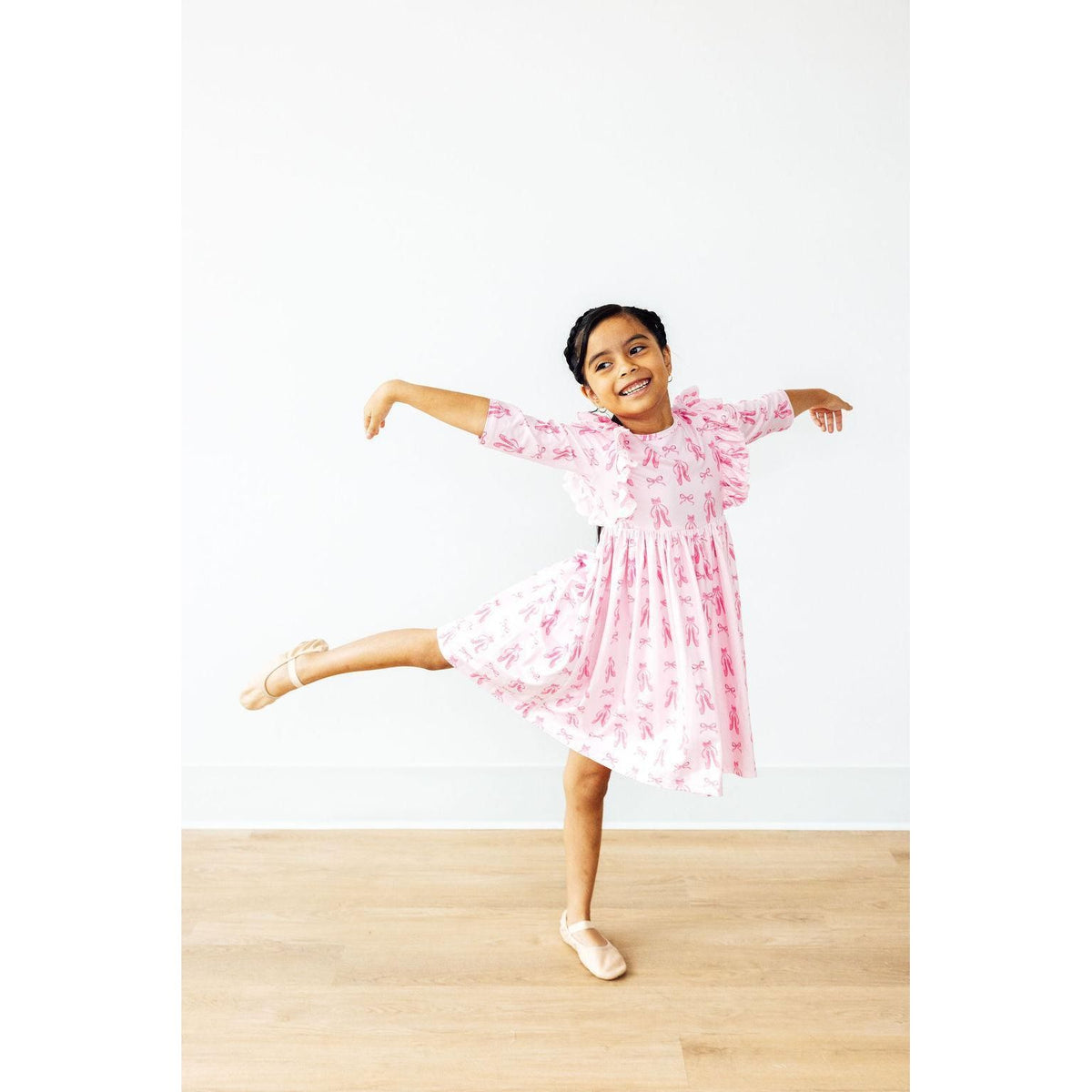 Twirling en Pointe 3/4 Sleeve Ruffle Twirl Dress