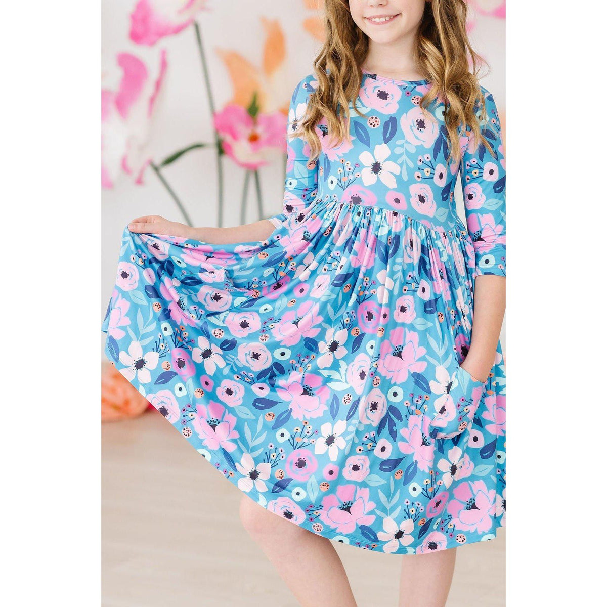 Twirling in Teal 3/4 Sleeve Pocket Twirl Dress