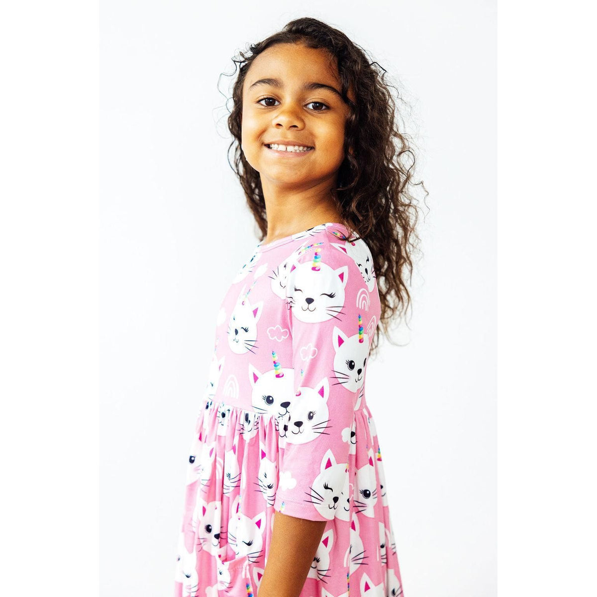 Unicorn Kitties 3/4 Sleeve Pocket Twirl Dress