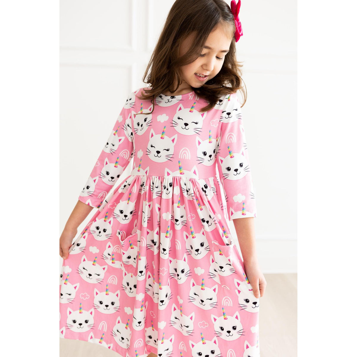 Unicorn Kitties 3/4 Sleeve Pocket Twirl Dress
