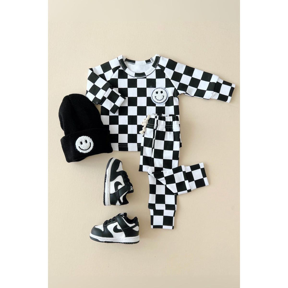 Checkered Smiley Lounge Set | Black