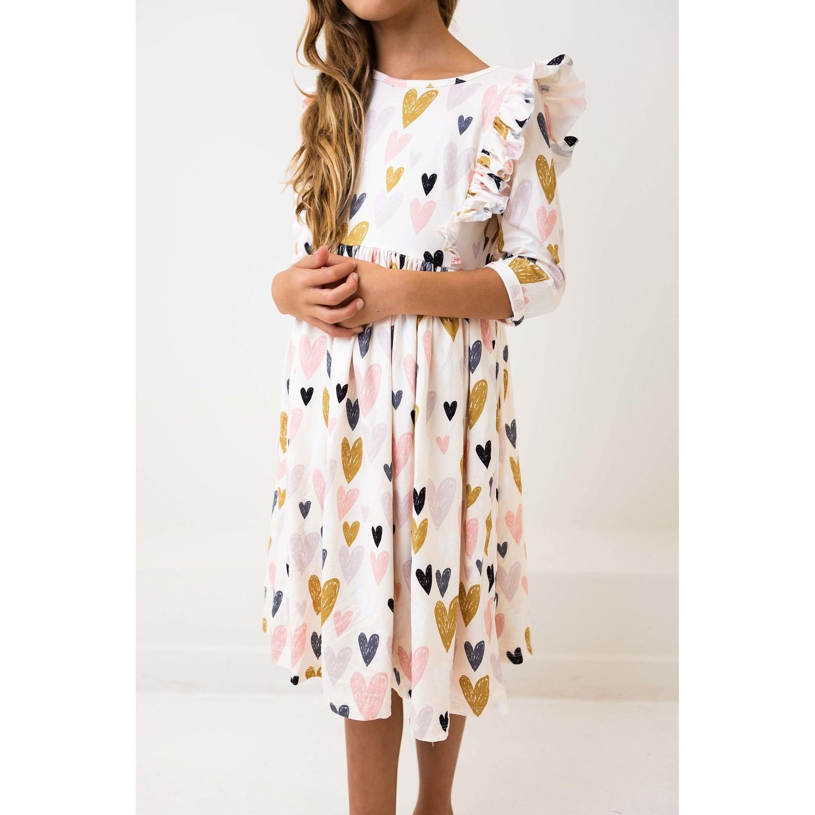 I Heart You 3/4 Sleeve Ruffle Twirl Dress